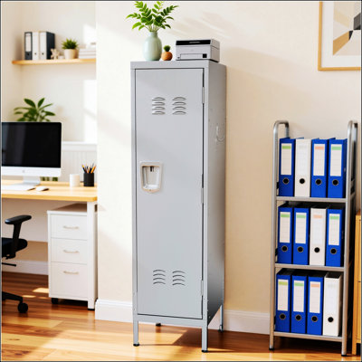 Armoire métallique de 140 cm de hauteur, rangement en acier étanche avec porte ventilée, serrure et crochets latéraux pour petits espaces