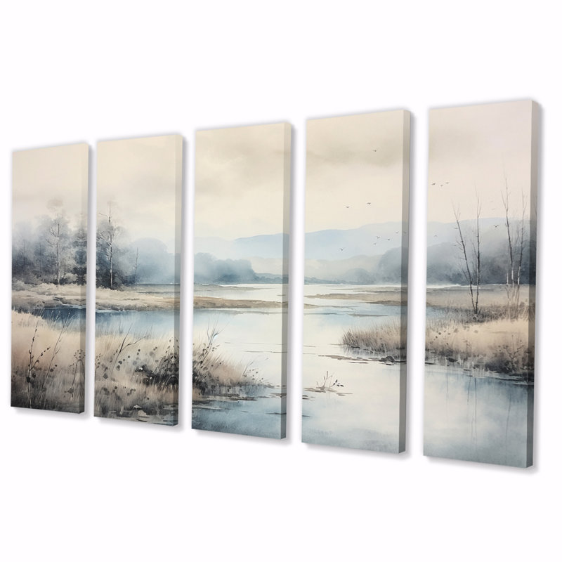 Brume matinale d'automne sur le lac I - Décoration murale plage - 5 panneaux égaux