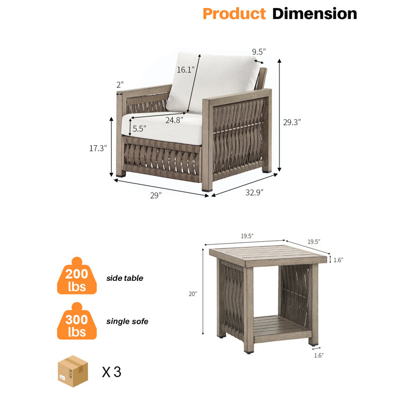 Seehill 3-Piece Patio Furniture Set, Aluminum Patio Bistro Set With Washable Cushions, Rope Weave Patio Conversation Set With Side Table, Outdoor Furniture Set For Garden, Balcony, Deck, Gray Oak