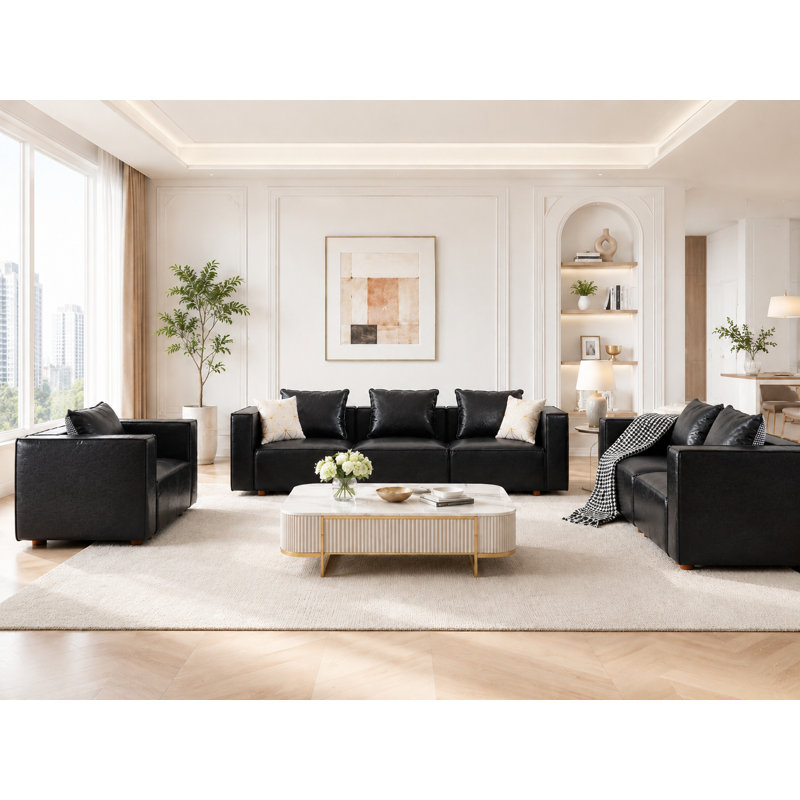 Configurable Vegan Leather Living Room Set, Black