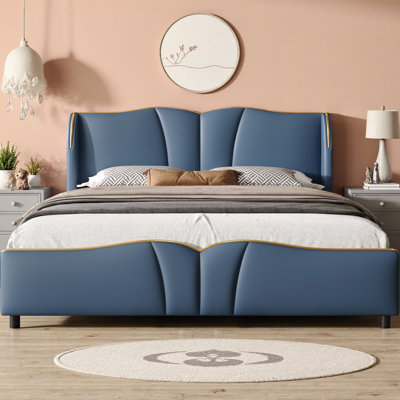 Queen Size Leather Upholstered Bed Frame, Modern Wingback Headboard with Wavy Footboard Design, PU Leather Platform Bed with Solid Wood Slats, 800 lb Capacity