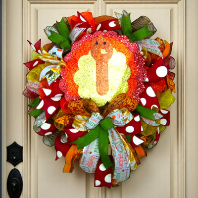 Fall Glittered Turkey Thanksgiving Front Door Wreath
