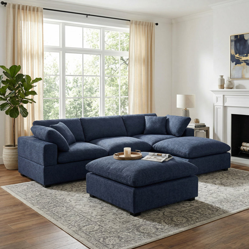 Modular Plush Chenille Extra Soft Deep Cloud Sectional U-shaped Sofa With Ottoman & Armrest Pillows, Dark Blue Chenille