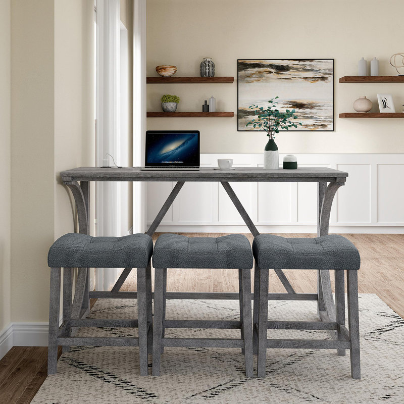 Ensemble de table de bar avec prise de courant, ensemble de table de bar et de chaises, ensemble de table de salle à manger 4 pièces, ensemble de table de petit déjeuner industriel, pour salon, salle à manger, salle de jeux