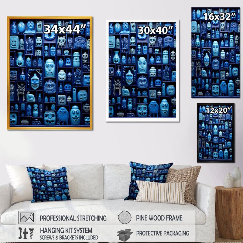 «Blue Mask Moroccan Tiles», art mural abstrait, Cadre flottant doré, H 40 po x l 30 po x P 1,5 po