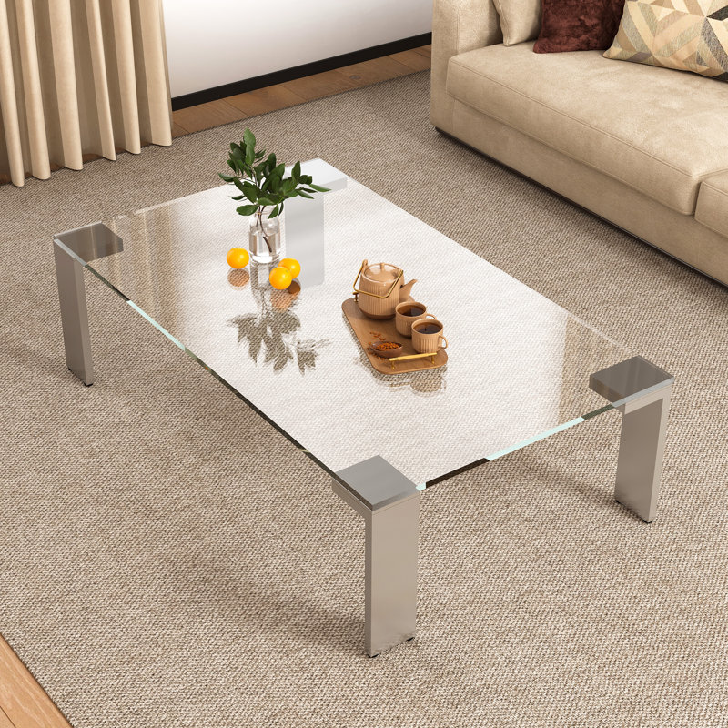 Table basse moderne en verre trempé de 47,2 po | Pieds en acier inoxydable, table rectangulaire transparente pour le salon
