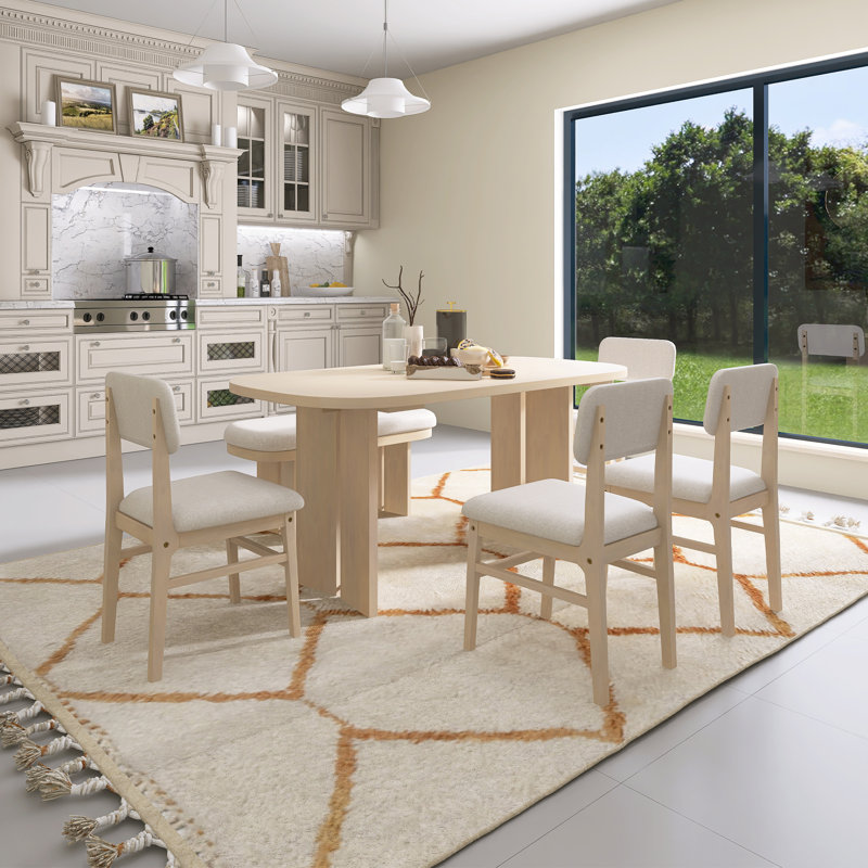 Natural Solid Wood Dining Table Set With Bench - 6-Piece Upholstered Chair Rectangular Dining Room Table Set With Bench, 2-Color Modern Farmhouse Kitchen Furniture