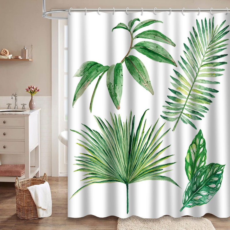 Watercolor Tropical White Palm Leaves Shower Curtain with 12 Hooks, L 84 po x l 72 po