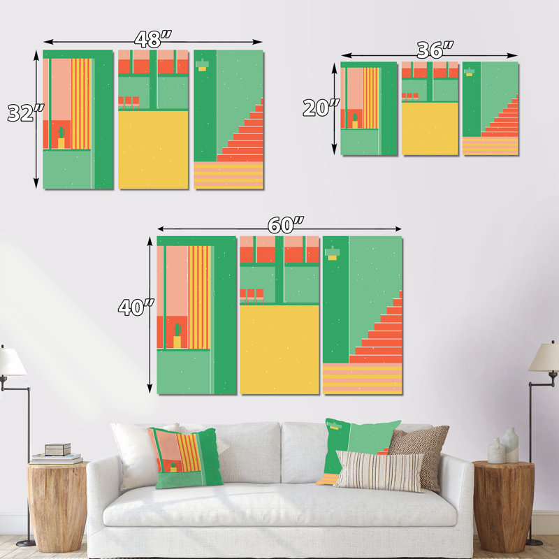 Ensemble de 3 pièces rétro rétro et minimalistes géométriques multicolores - Art moderne Mid-Century, H 40 po x l 60 po