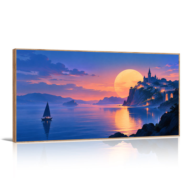 Tableau sur toile représentant un voilier et un château à flanc de falaise sous une lune jaune, 58“W x 28”H