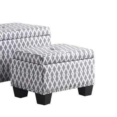 17" Tall Storage Ottoman With Additional Storage Seating, Gray And White Diamond