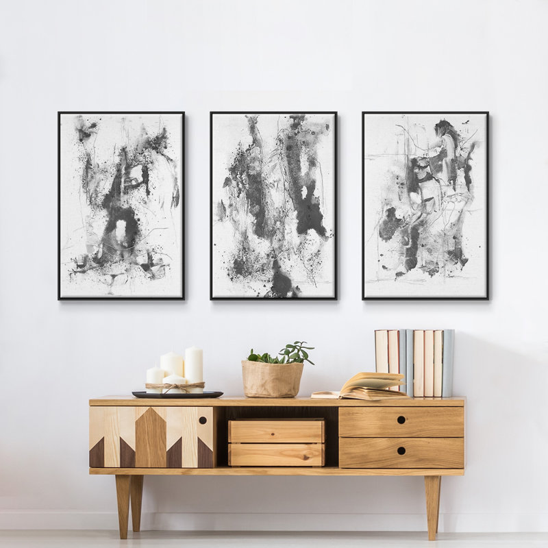 Graphite abstrait I, reproduction encadrée sur toile 3 pièces, Noir, H 40 po x l 90 po x P 2 po