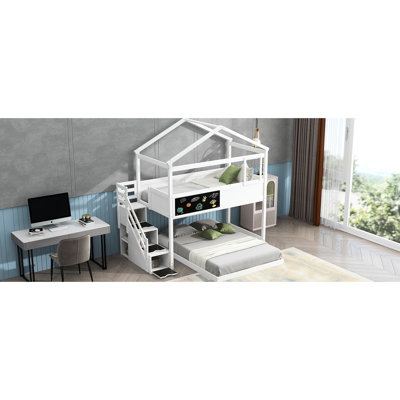 Charmant lit simple superposé au dessus d'un lit double avec rangement et tableau blanc