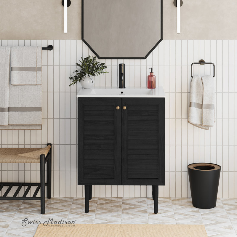 Bron 24" Freestanding Bathroom Vanity in Black Oak with Sink Top, Single-Hole, White, Black Oak