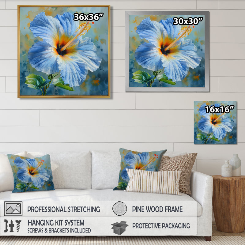 «Garden of Dreams» - impression d'art mural bleu hibiscus, Toile encadrée noire simple, H 16 po x l 16 po x P 1 po