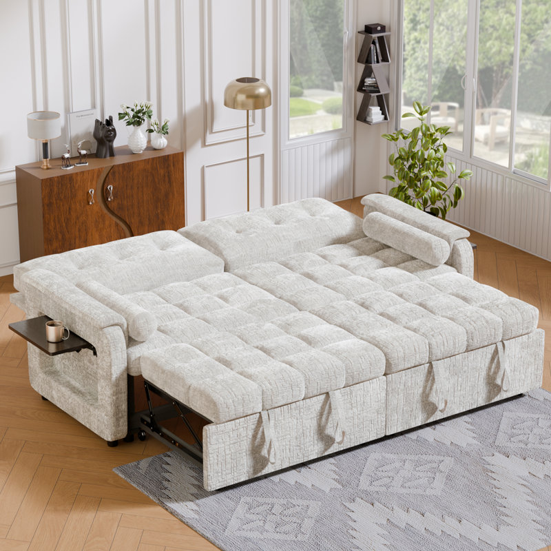 Pull-Out Sleeper Sofa, Convertible Fabric Sofa Bed With Tufted Cushions, Easy Assembly, Space-Saving Design, Beige