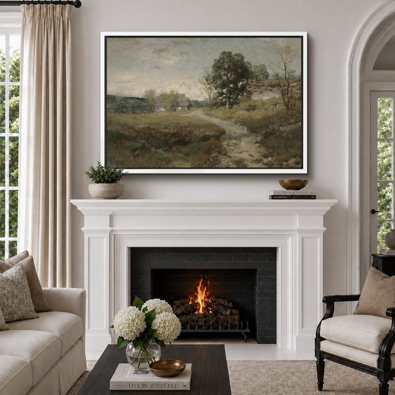 «Rustic Countryside», campagne de campagne, H 24 po x l 36 po, Cadre flottant blanc