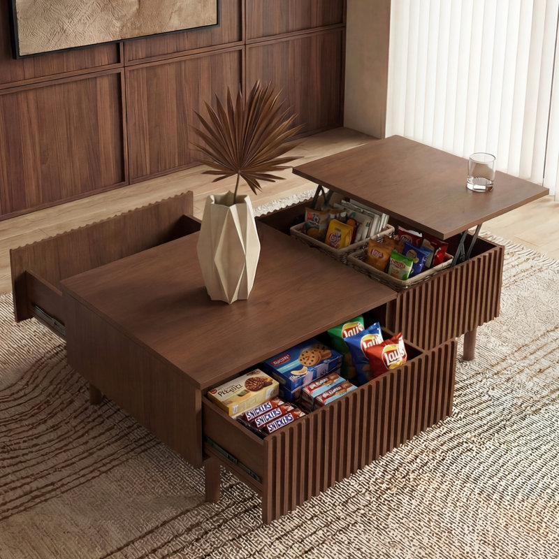 51.1" Mid-Century Modern Fluted Lift-Top Coffee Table with Hidden Storage & Side Drawers