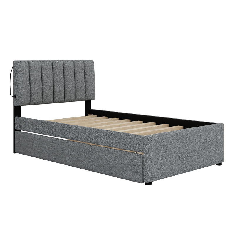 Lit plateforme tapissier avec lit gigogne, gris