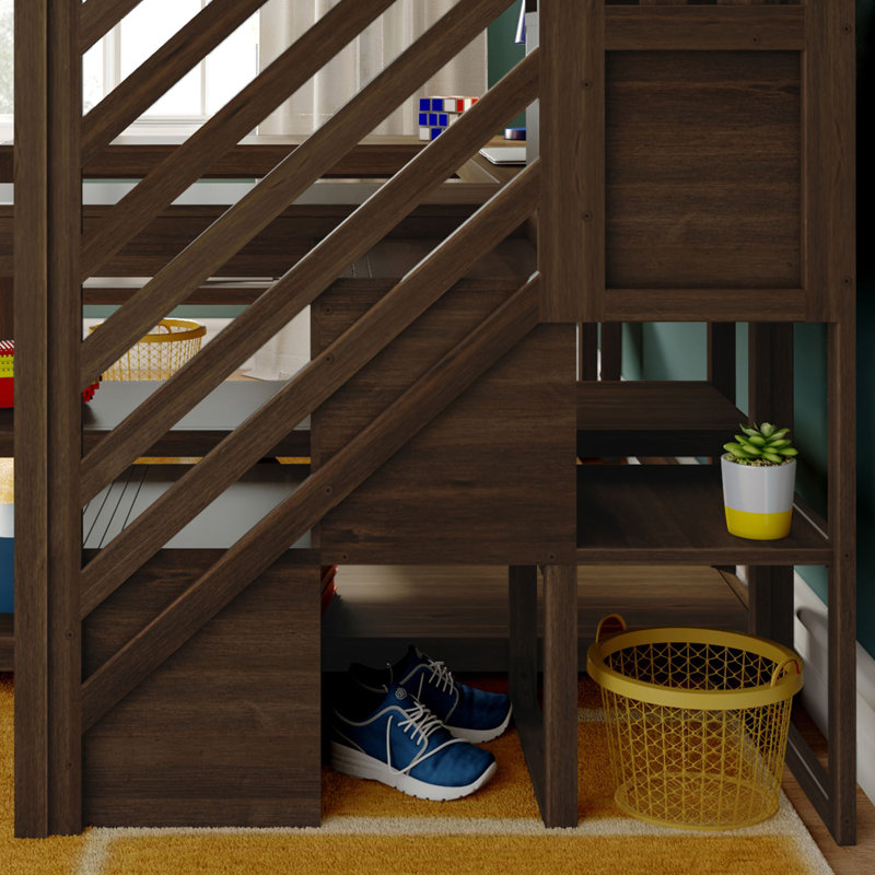 Lit mezzanine double classique haut + bureau enveloppant + escalier, noyer, Noyer