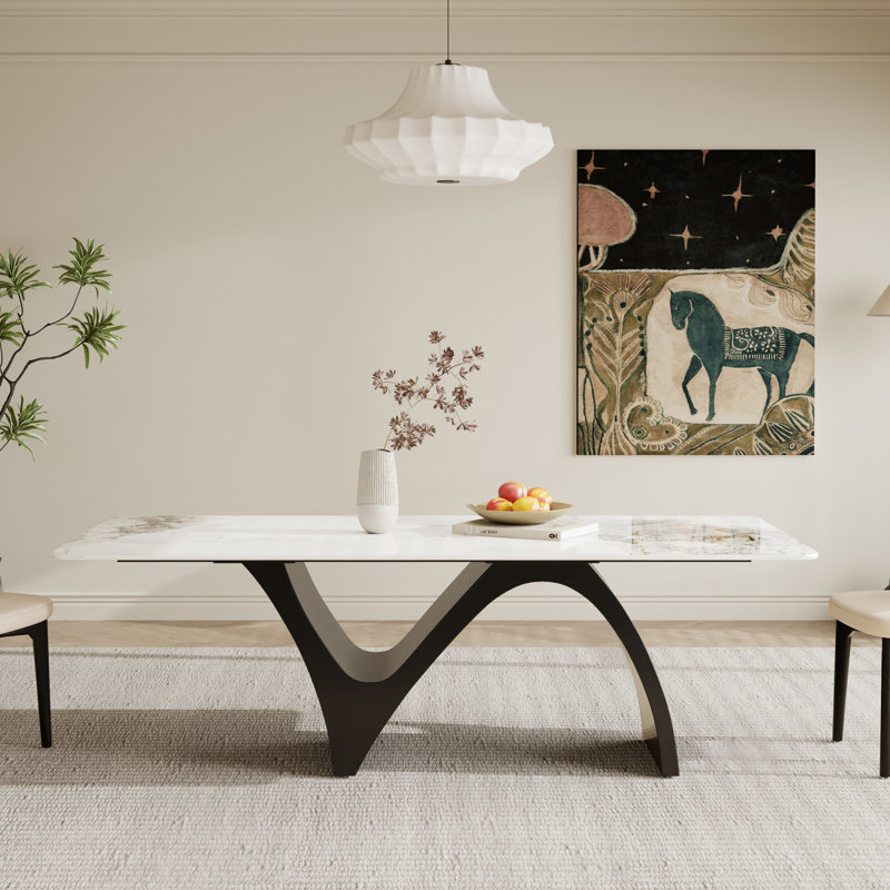 Table de salle à manger moderne et rectangulaire 6-10, plateau en pierre frittée brillante, pieds en acier au carbone en forme de N