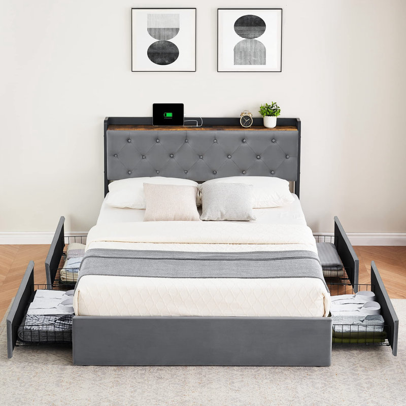 Upholstered Metal Storage Bed, Queen