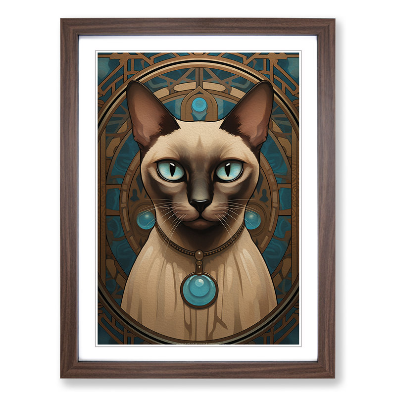Siamese Cat Art Deco - Single Picture Frame Print on Wood, Walnut Framed, 34cm H x 25cm W