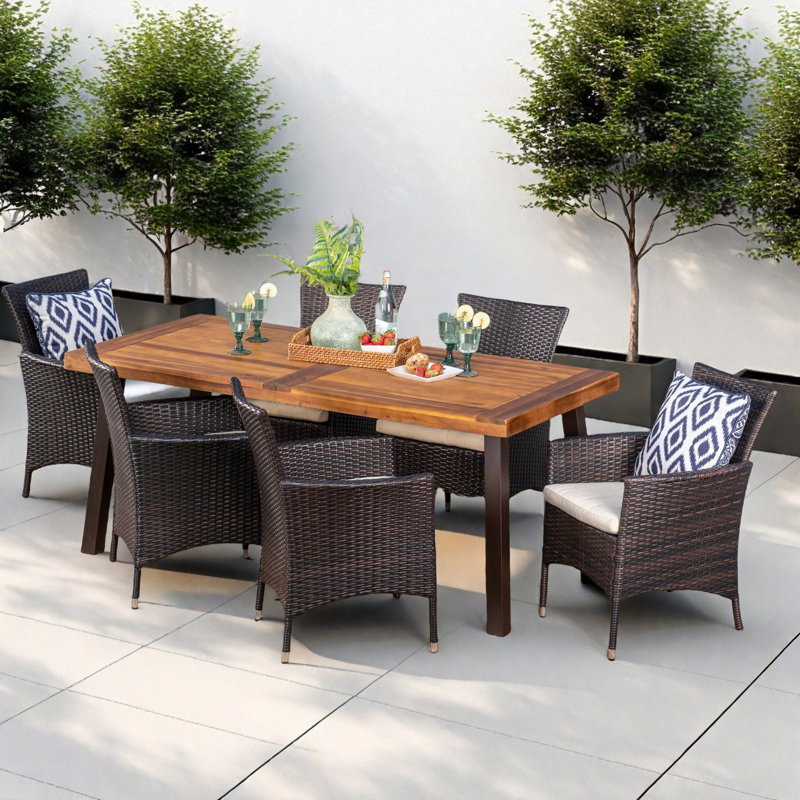Everlean 6 - Person Acacia Wicker Patio Dining Set with Rectangular Table , Cushions Included