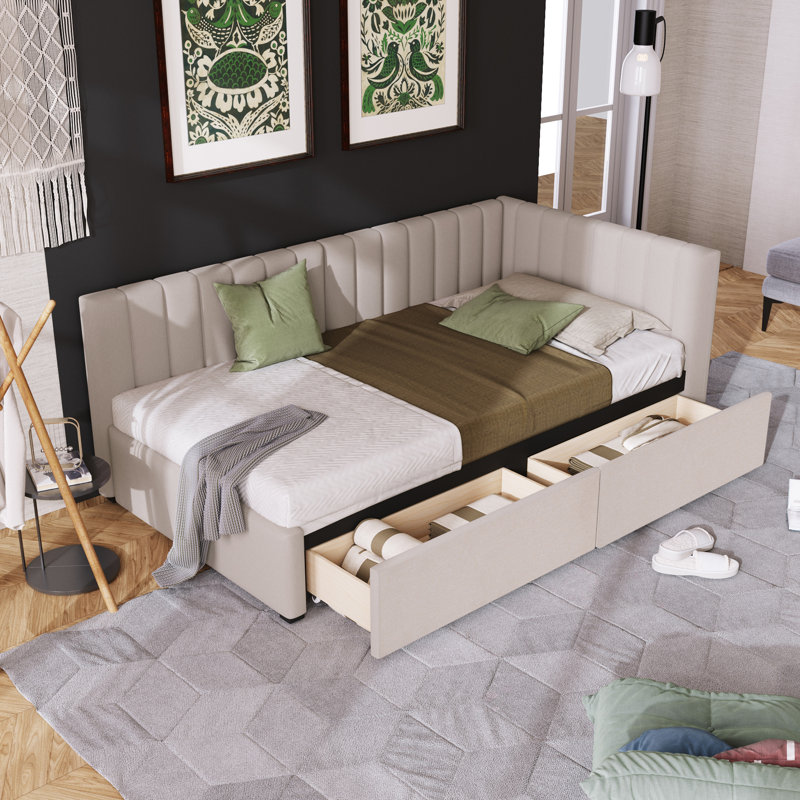 Lit de jour rembourré avec cadre de canapé-lit à 2 tiroirs de rangement, Beige