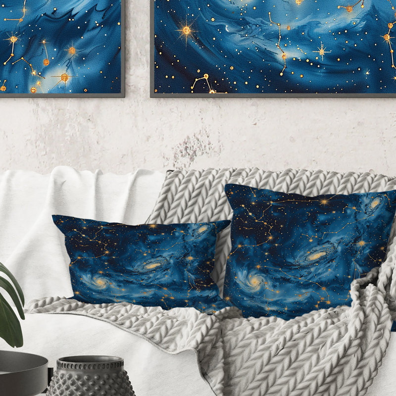 Coussin décoratif bleu et or Space I, H 18 po x l 18 po