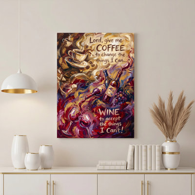 Coffee And Wine Canvas Wrapped Wall Art Oil Painting Print With Inspirational Quote For Kitchen Or Living Room Decor