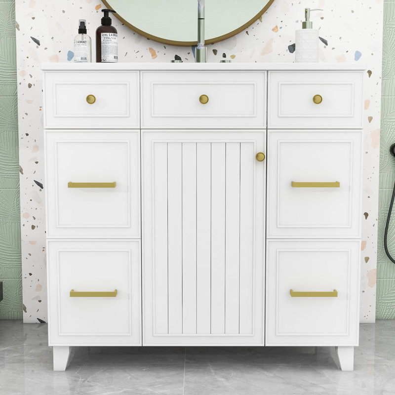 Meuble-lavabo 36 po avec lavabo en céramique, armoire de rangement avec porte à fermeture douce et 3 tiroirs, Blanc