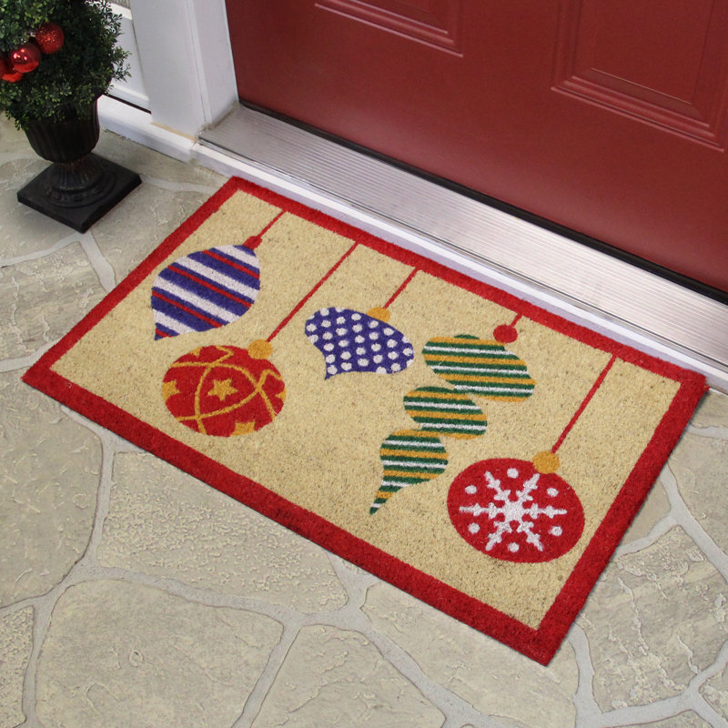 Brightly Colored Mixed Christmas Ornaments Doormat with Red Border 30" x 18"