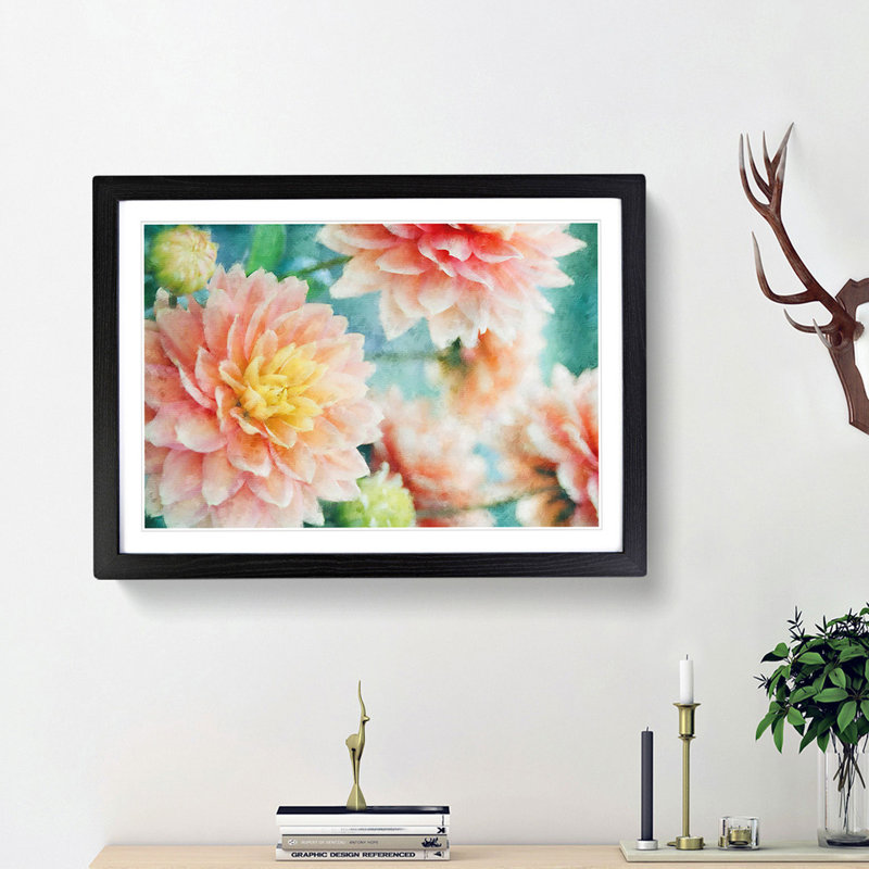 Pale Pink Dahlia Flowers in Bloom - Framed Print, 24cm H x 33cm W x 2cm D, Black Framed