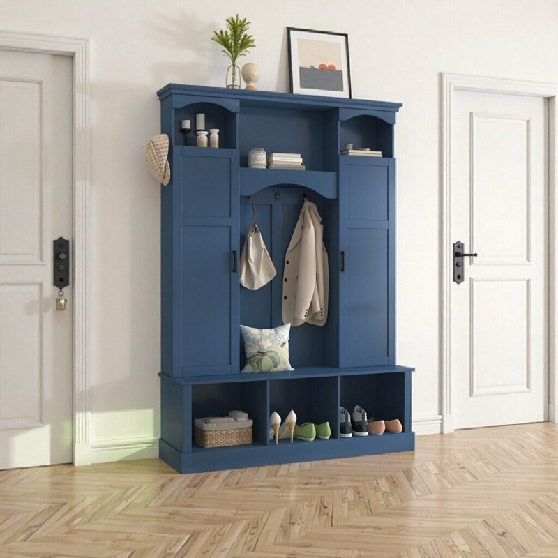 White Farmhouse Hall Tree & Storage Bench - All-in-One Entryway Organizer with Dual Cabinets & 7 Hooks, Blue