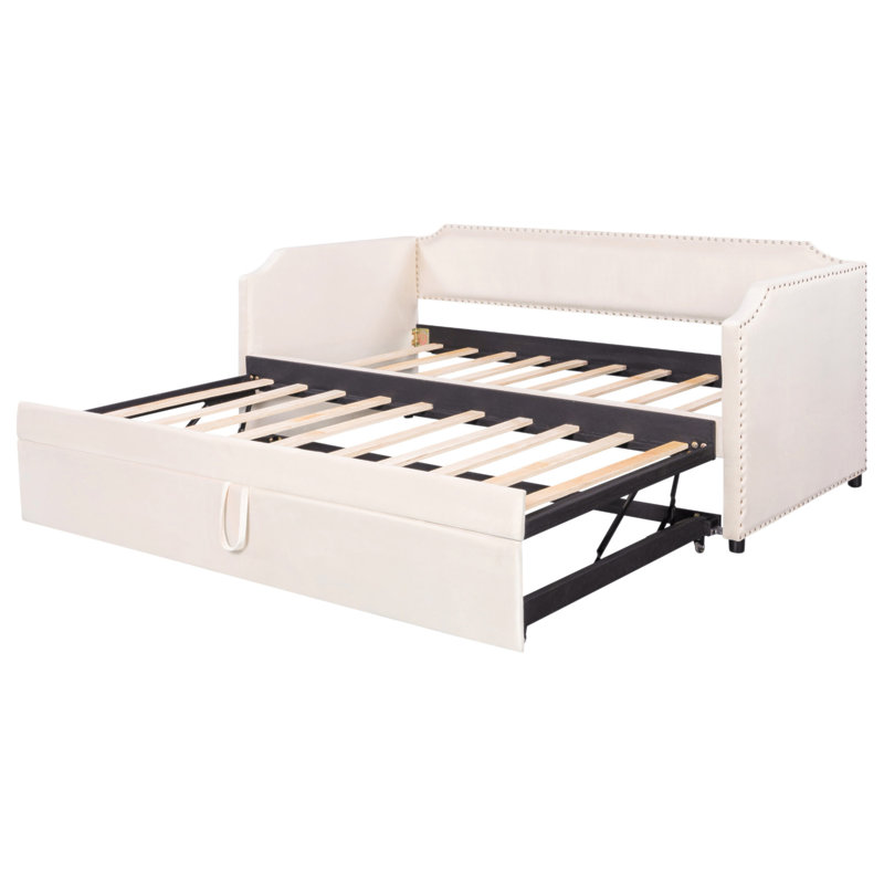 Lit de jour simple en velours rembourré avec couchette escamotable, beige, Beige