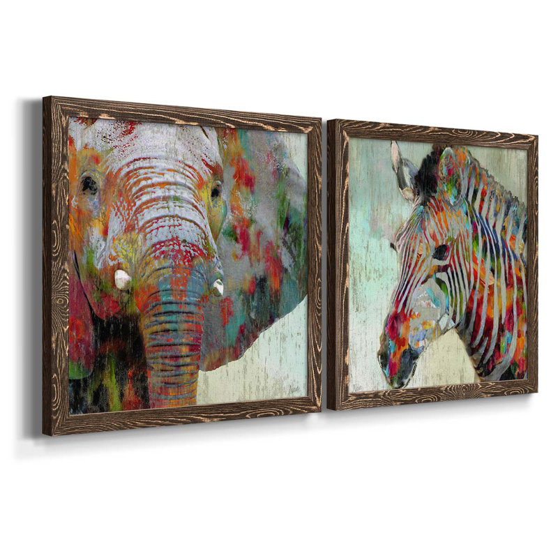 «Paint Splash Elephant», ensemble de 2 impressions sur toile, H 17 po x l 34 po x P 1,5 po, Toile avec cadre en noyer