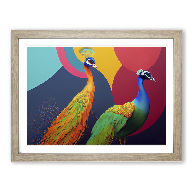 Two Peacocks Abstract - Framed Print, 34cm H x 46cm W x 2cm D, Oak