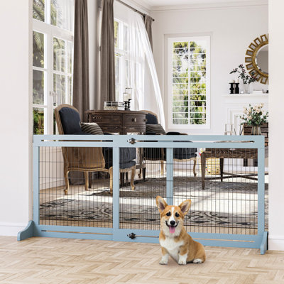 Barrière pour animaux - l 72 po x H 27,24 po, bleu-gris Largeur réglable pour les chiens et les chats. Matériaux. Bloque les entrées. Installation facile. Pour animaux de compagnie de petite et moyenne taille, très large, 27,24 po, bleu-gris, animaux