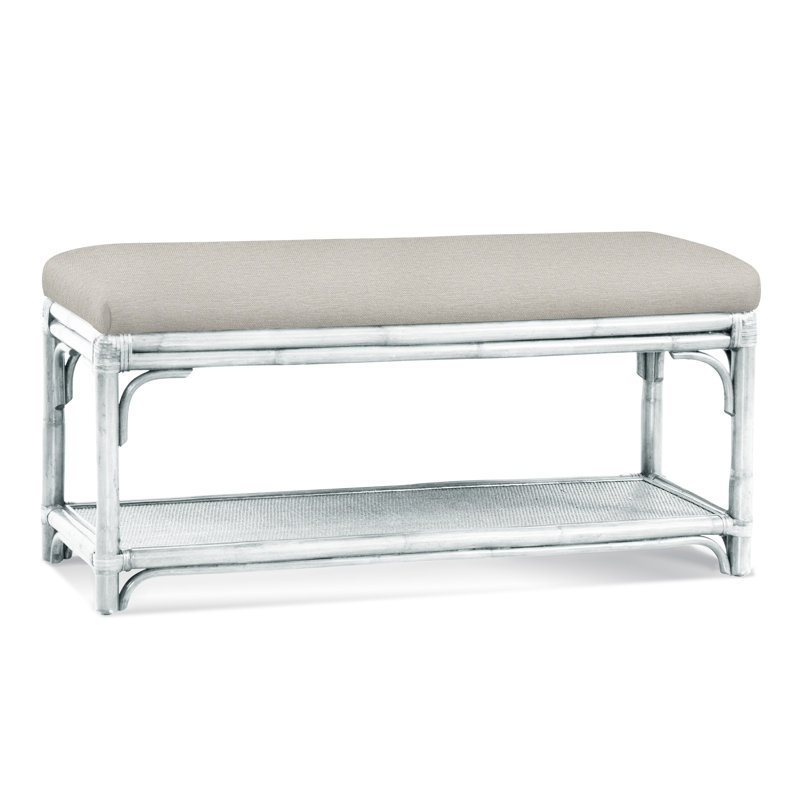 Summer Retreat Wicker Shelf Storage Bench, Frost White, Green and Blue Stripe; 0252-54