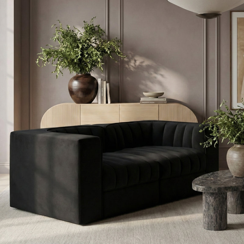Tissu d'ameublement en velours Paynton 2 pièces Canapé modulaire, Noir