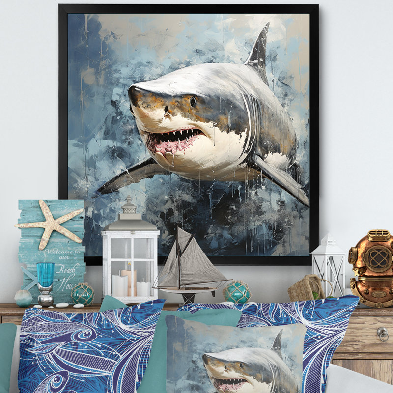 Ombre de requin gris II - art mural animaux côtiers, Cadre photo noir, H 16 po x l 16 po x P 1 po