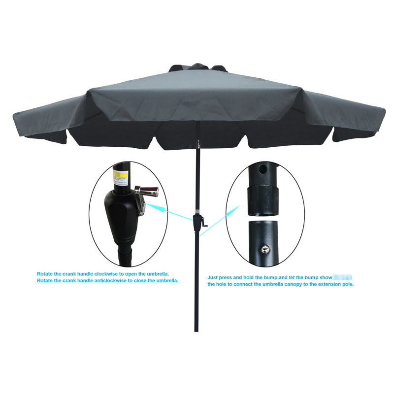 Parasol de patio de 10 pi avec rabat, 8 nervures, fonction d'inclinaison, fonctionnement à manivelle, couleur gris / anthracite, mât de 38 mm, auvent et système d'extérieur, gris / anthracite, 1,49 po
