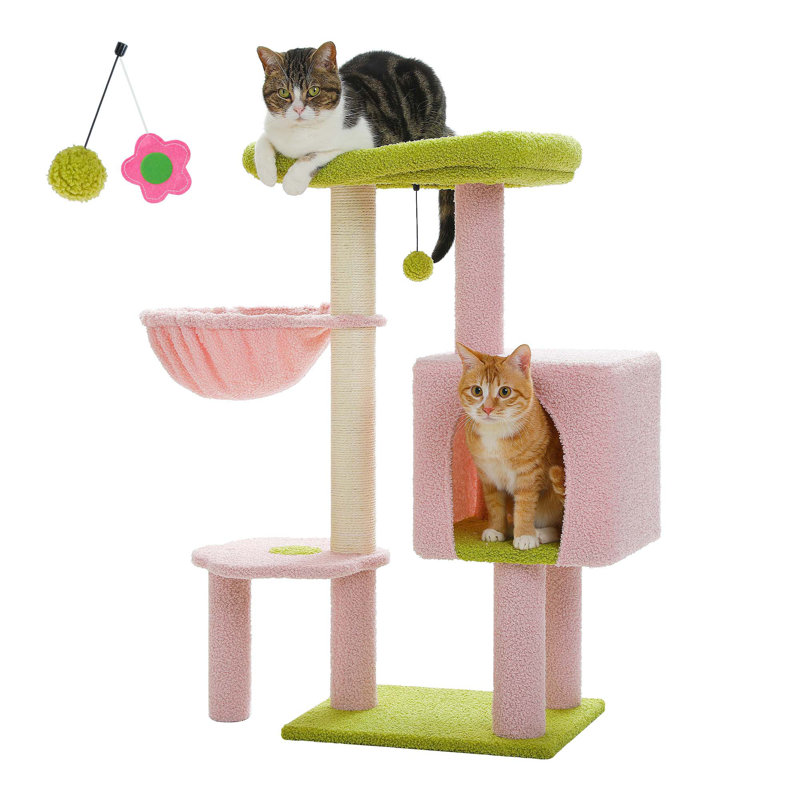 Tour pour arbre à chat avec poteau à griffer en sisal, condo, grand perchoir supérieur, hamac et 2 balles suspendues, Rose