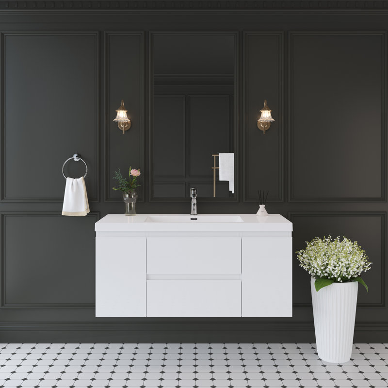 48" Floating Bathroom Vanity Modern Wall-Mounted Single Vanity with Integrated Resin Top, 2 Cabinets, 2 Soft Close Drawers, Full Assembly