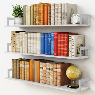 White Floating Book Shelves For Wall, 36 Inch Wall Bookshelf For Kids Bedroom, Large Deep Hanging Shelves With Metal Brackets For Living Room Office Décor Indoor Plants (3-Pack)