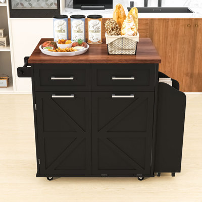 Elegant Kitchen Island with Removable Side Shelf, Tilt Trash Cabinet by Gracie Oaks