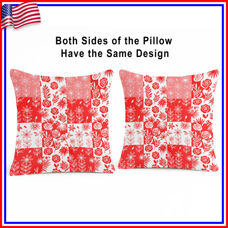Red Floral Patchwork Double Sided Throw Pillows, 14 x 14 inches