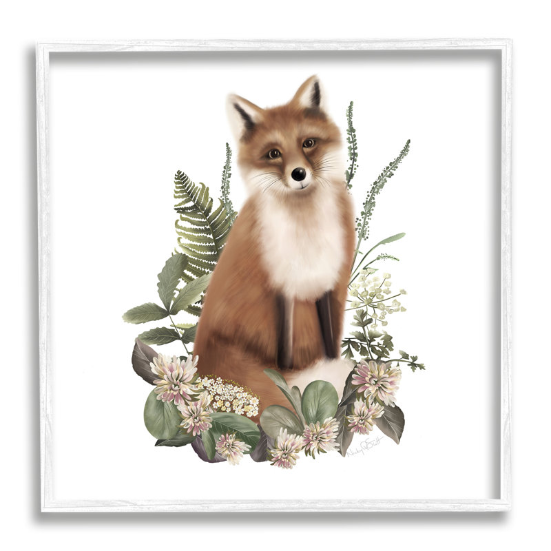 Renard ronce floral Az-211 par Studio Q, Giclée encadrée blanc bord de mer, H 17 po x l 17 po x P 1,5 po