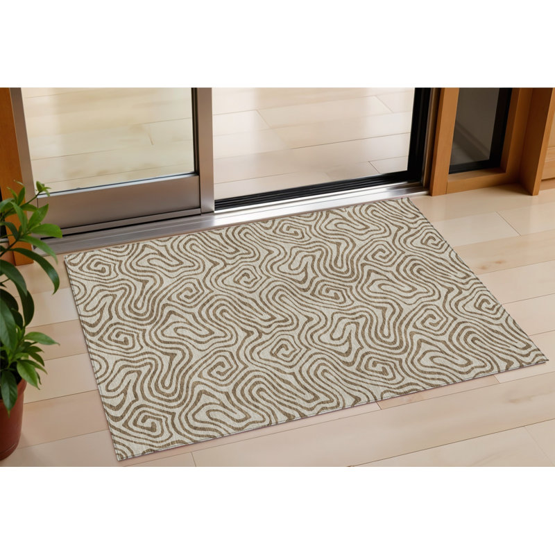 3' X 5' Beige And Brown Abstract Washable Indoor Outdoor Area Rug